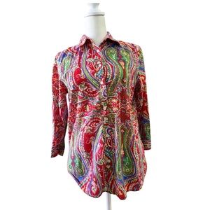 Lauren Ralph Lauren Paisley Print Red Button-Up Women's Top XS 100% Cotton